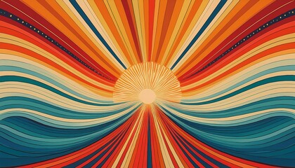 Retro 60s and 70s groovy carnival background. Sun and rainbow swirl pattern, vintage poster vibes. Funky ray elements, circle motifs, reminiscent of circus themes