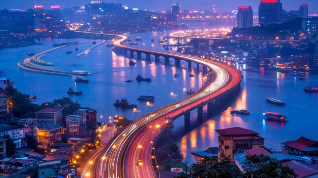 Aerial View of Illuminated Bridge and Cityscape at Twilight, Dalian, Liaoning Province, China