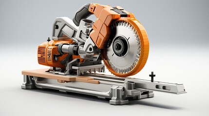 Isolated electric saw with a large circular blade on white background, mounted on a robust workbench, designed for precision cuts in woodwork and construction projects