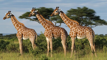 Obraz premium Giraffes grazing near acacia trees, African savannah landscape safari trip, peaceful wilderness