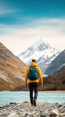 Naklejka premium A traveler exploring a remote, off-the-beaten-path destination, taking in the natural beauty while leaving no trace behind, with a serene environment around them