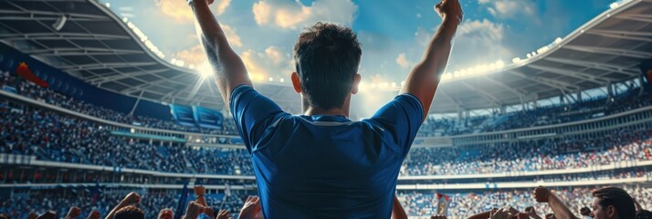 Vibrant soccer match scene captures triumphant moment as blue jersey player raises arms in celebration amidst cheering crowd in stadium. High-energy atmosphere conveys excitement and anticipation.