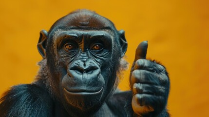 Gorilla Thumbs Up: A Big, Strong, and Funny Portrait on Yellow Background