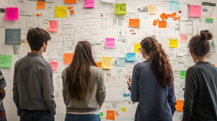 Teamwork and Collaboration:  Four Young People Brainstorming on a Whiteboard
