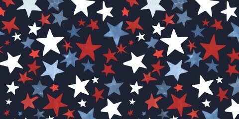 A starry night sky with red, white, and blue stars. The stars are scattered throughout the sky, creating a sense of movement and depth. The colors of the stars contrast with the dark blue background