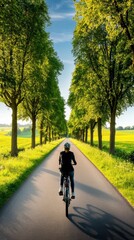 Obraz premium A traveler slowly biking through a peaceful countryside road lined with tall trees and fields, with no cars or crowds in sight, capturing the essence of quiet and inexpensive travel