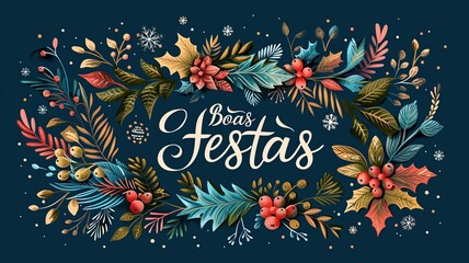 This eye-catching holiday card features "Boas Festas" in an artistic brushstroke font, surrounded by festive geometric patterns and bright colors on a lovely gradient background.