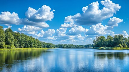 Cumulus clouds dotting a clear blue sky above a scenic winding river, with the fresh air carrying the scent of nature, Cumulus Scenic Air, River valley tranquility