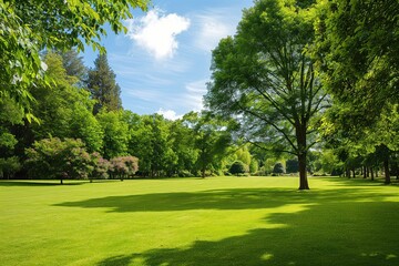 Fototapeta premium Green lawn surrounded by tall trees, colorful flowers on bright sunny day. Brick house with large window sits in background, surrounded by peaceful Japanese-style garden with winding path, chair.