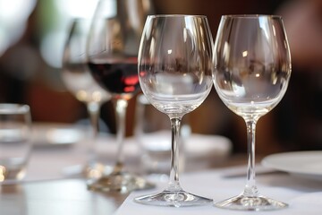 Table setting with wine glasses, empty plates, silverware. Formal dinner table with fine china, elegant cutlery, black flatware. Shallow depth of field highlights tableware, fork, spoon, knife.