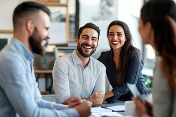 Group of four people gathered around a table in an office setting. Businessmen and women collaborate and brainstorm ideas. Diverse group dynamic, international team, marketing agency.