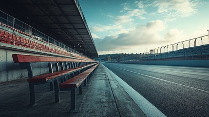 Empty grandstands overlooking a deserted race track, capturing the calm before the storm of a race event, Race Track, Prerace stillness