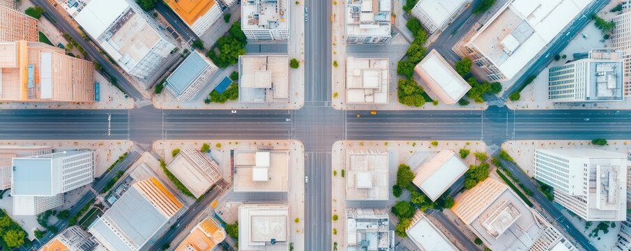 Aerial view of a city grid with perfectly aligned streets and buildings, urban planning, real estate symmetry