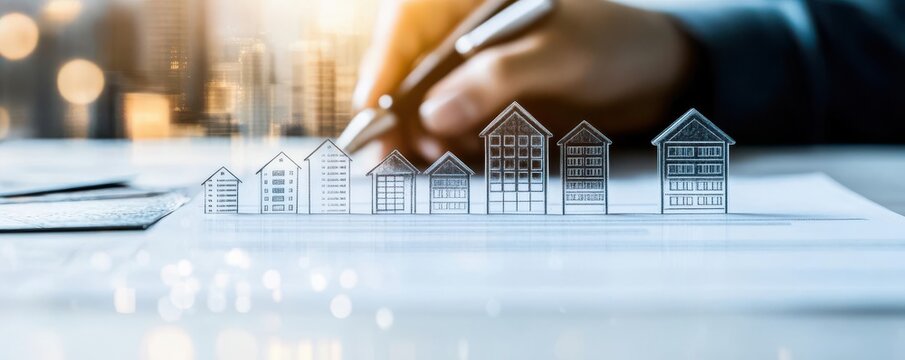 Close-up of a real estate contract being signed with an urban backdrop, legal aspects of real estate, city trends