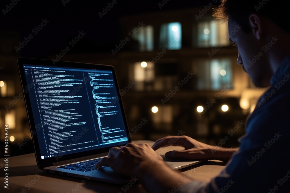 Leinwandbilder man works late at night on laptop screen displaying code. natural light from window illuminates work