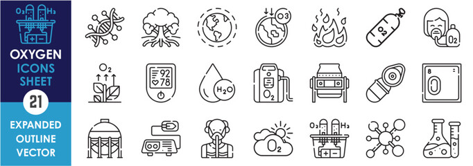 A set of line icons related to Oxygen. Tank, concentrator, ventilator, atmosphere, meter, ozone, chemical, electrolysis, mask, blood, burn, and so on. Vector outline icons set.