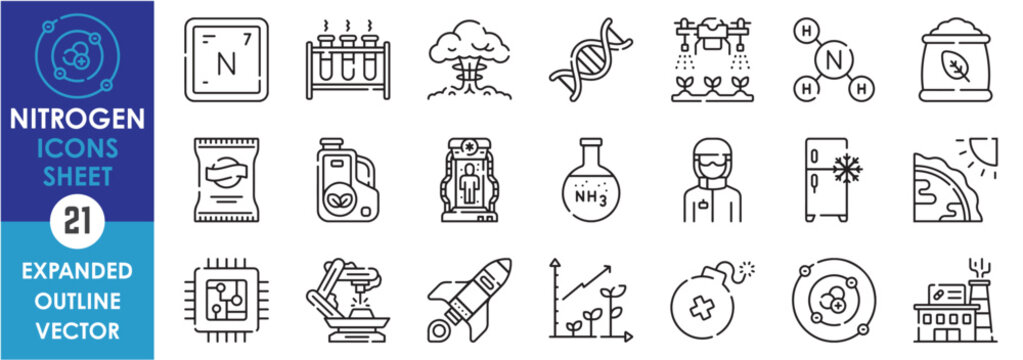 A set of line icons related to Nitrogen. Gas, chemical, ammonia, fertilizer, explosive, environment, freeze, medicines, cryogenics, rocket, semiconductor, and so on. Vector outline icons set.