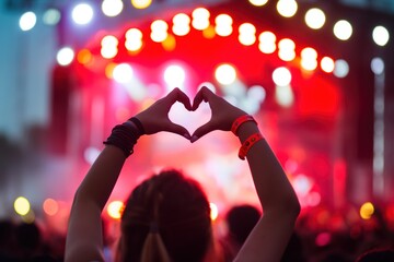 Hands in heart shape at concert, loving the artist and festival atmosphere. Music performance under neon lights, silhouette of people enjoying the show.
