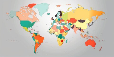 A colorful world map with the continents of Africa, Europe, Asia, and South America. The map is divided into different colored sections, each representing a different country