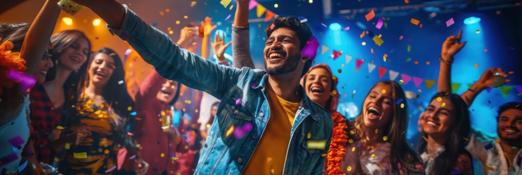 South Asian man dances with young people at nightclub party. Colorful lights and confetti create vibrant atmosphere. Group of friends having fun together.