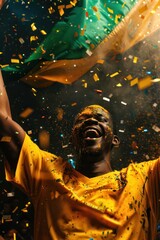 Vibrant celebration scene with a person dressed in yellow, holding a green flag, and surrounded by colorful confetti. The individual face is painted with team colors, adding to the festive atmosphere.
