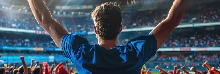Exciting stadium event man celebrating with raised arms in cheering crowd of fans watching motor racing. High-energy atmosphere fills arena as people eagerly anticipate spectacle unfolding before.