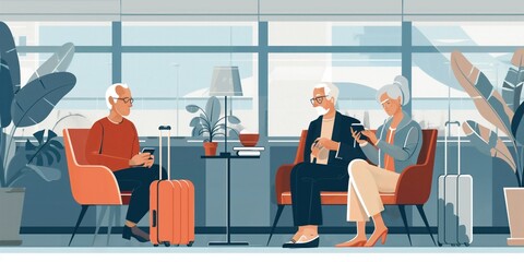 Serene airport lounge scene features three individuals engaged in own activities. Older man reads newspaper, sips coffee, woman sits comfortably with legs crossed. Third person engrossed in phone.