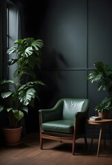 A green leather armchair in a dark, moody room with a potted plant on a wooden side table.