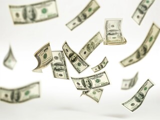 Flying US dollar bill on white background. Green currency with American flag design flies in air, symbolizing freedom and prosperity. Money flying high, wealth creation, financial success.