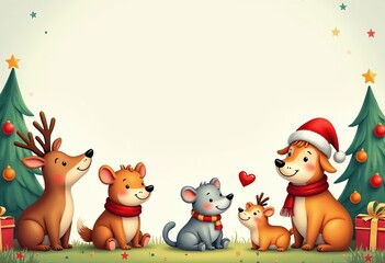 Fototapeta premium Vintage Watercolor Animal Photo Collage | Christmas and Happy Times