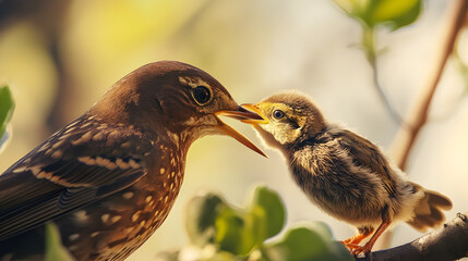 Baby bird being fed by parent on springtime branch