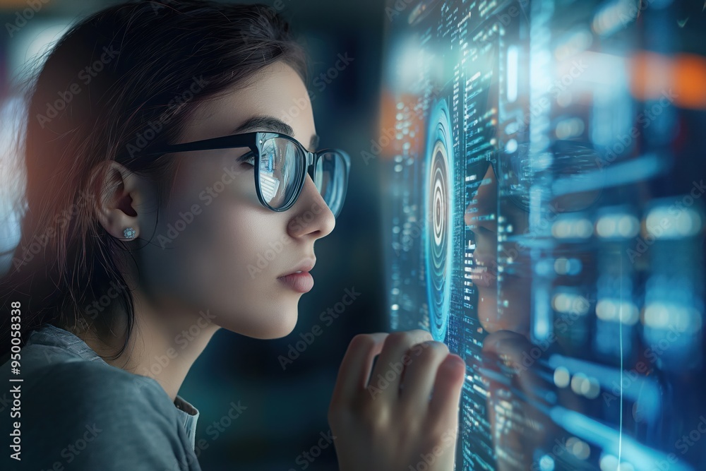 Poster Young woman wearing glasses focuses on futuristic computer screen with holographic interface. Hands interact with virtual display, navigating digital information.