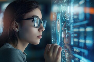 Young woman wearing glasses focuses on futuristic computer screen with holographic interface. Hands interact with virtual display, navigating digital information.
