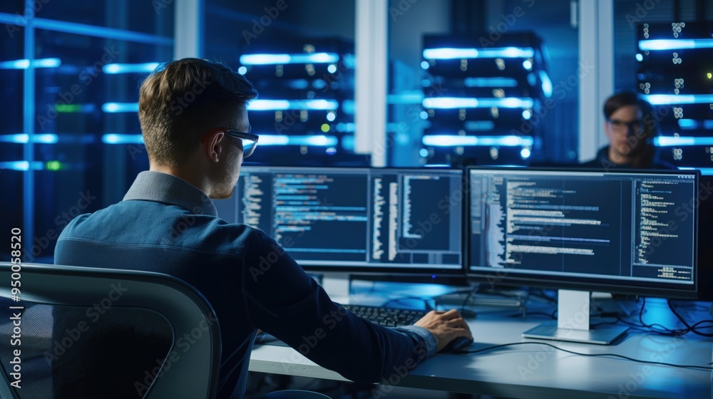 Aufkleber IT specialist works on personal computer with screens showing software program code interface. Technical room of data center background with pro working atmosphere.