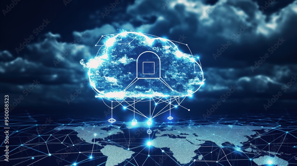 Aufkleber Large prominent cloud icon in center with internal connections on dark blue background. Small polygon icon on abstract world map represents data transfer and cloud computing technology concept.
