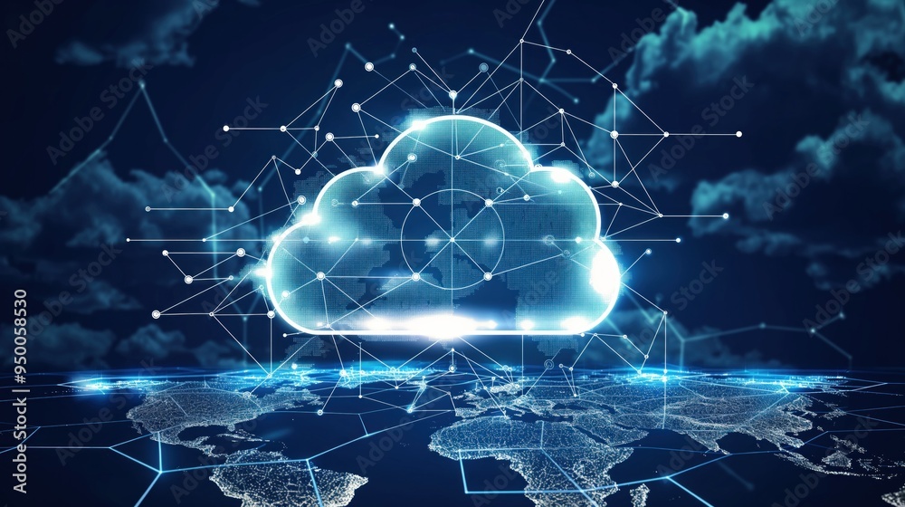 Poster Cloud computing concept image featuring prominent cloud icon with internal connections on dark blue background. Abstract world map polygon displays small icon representing data transfer, storage