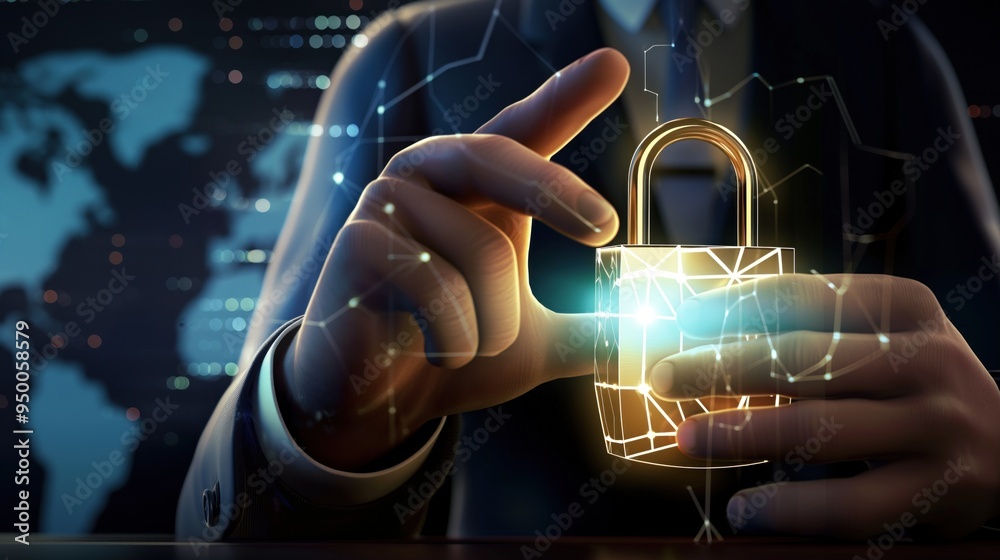 Poster Businessman using digital padlock to secure data in cyberspace. Concept of safety and security in software access. Blue key icon representing protection against virus and cyber attack.