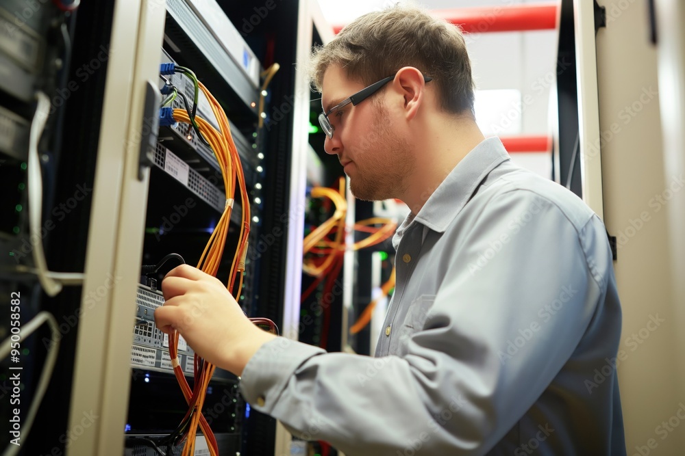 Poster Male network engineer admin inspects servers in modern data center. Pro responsible for computer equipment maintenance, troubleshooting, support. Man works on network infrastructure, ensuring secure