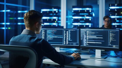 IT specialist works on personal computer with screens showing software program code interface. Technical room of data center background with pro working atmosphere.