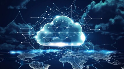 Cloud computing concept image featuring prominent cloud icon with internal connections on dark blue background. Abstract world map polygon displays small icon representing data transfer, storage