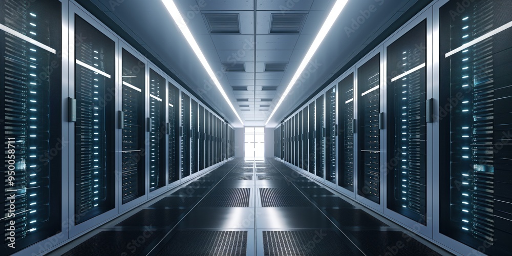 Poster Cloud data backup service center in futuristic digital space. Rows of sleek servers, high-tech hardware, advanced security systems. State-of-the-art network infrastructure supports global data