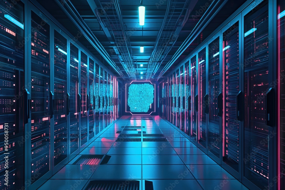 Poster high-density server room with rows of computer racks housing digital storage equipment for ai traini