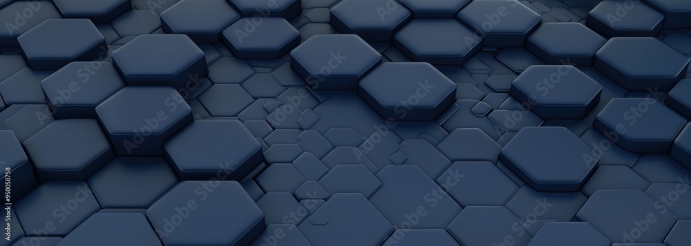 Fototapete Dark blue hexagonal background texture with radial center space. 3D illustration features futuristic geometric pattern. Abstract design element for digital use, suitable for business, tech concepts.