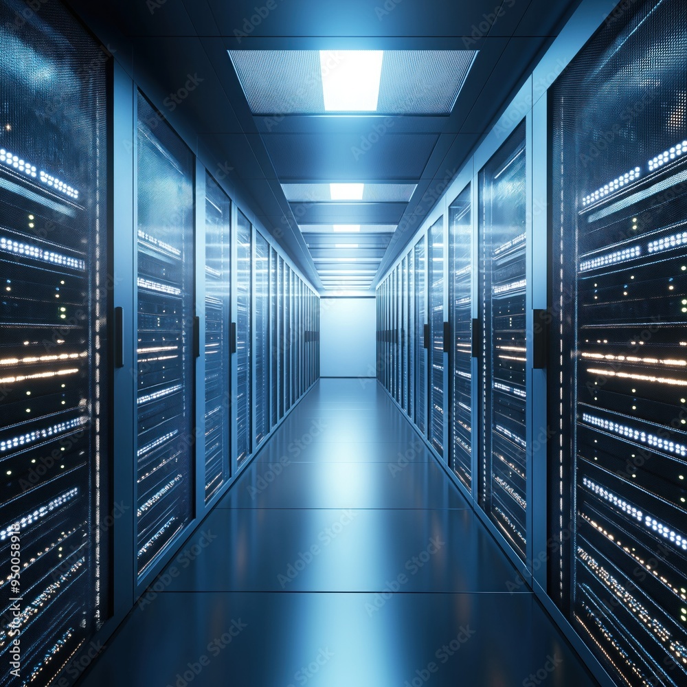 Poster Rack server computer hardware systems in data center room with blue walls and metal cabinets. Network equipment and technology infrastructure for business web hosting and online services.