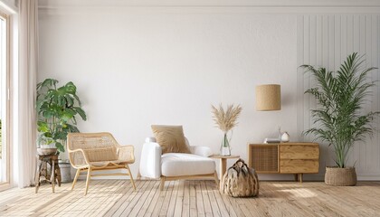 farmhouse interior living room, empty wall mockup in white room with wooden furniture and lots of green plants, 3d render background