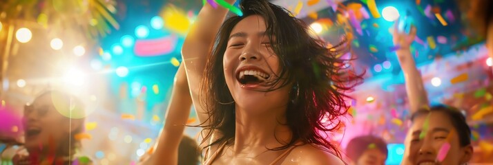 Obraz premium Asian woman dances at beach club surrounded by group of young people celebrating with colorful lights and confetti. Joyful atmosphere, vibrant party, nightlife scene.