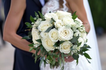 A close up of a bride holding a beautiful bouquet of white roses and greenery, with a blurred wedding background