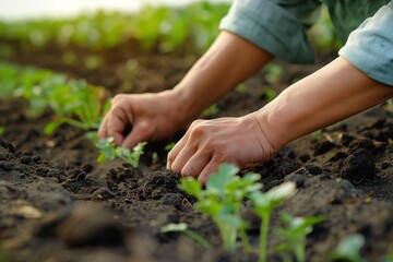 Close-up of farmer hand checking soil health before planting seedling. Hand holds small plant, touches earth, examines dirt. Man in summer, gardening concept.