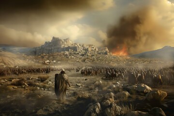 Ancient warrior in biblical scene, battles against enemy army on field. King David warrior armor, shield, sword in hand. Historical battle reenactment of Sodom and Gomorrah war.