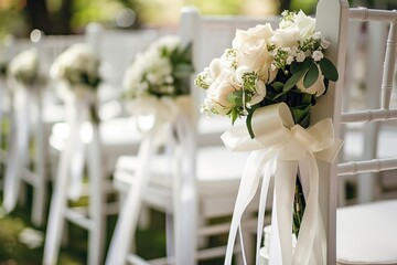 Elegant wedding chairs adorned with white ribbons, bouquets. Classic design for special occasion ceremonies, events. Beautiful decorations for wedding celebration, romantic atmosphere, married
